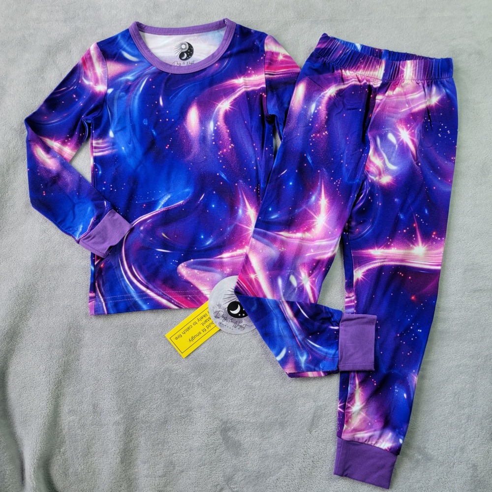 Day & Night Bamboo Kids‎ 2T Galaxy Pajama Set Purple Space Viscose Spandex NEW